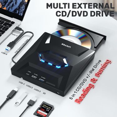Зовнішній CD/DVD привід UNITEK USB-C/USB 3.0 з картридером SD та USB-хабом, портативний DVD-плеєр та записувач CD-ROM для ноутбука, ПК, Windows, Linux, macOS, чорний