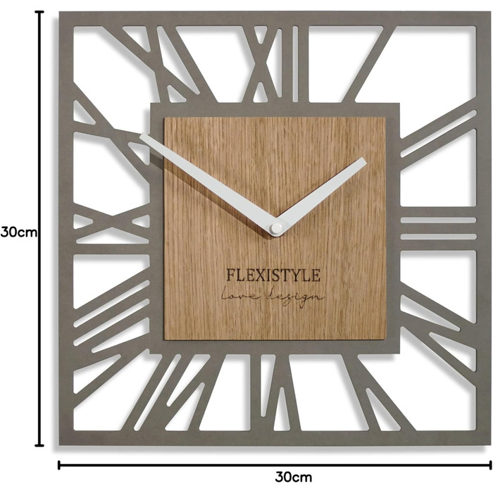 FLEXISTYLE Wall Clock No Ticking Sound Modern LOFT Piccolo Square 30cm Living Room Bathroom, z219n (Gray Oak)