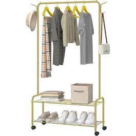 Clothes rack with 2-tier shelf, 3-in-1 design, clothes rack with 4 wheels, coat rack with 4 hooks for bags, Gold GR07499A
