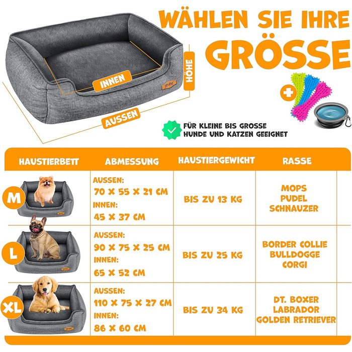Lovpet® Dog Bed, Dog Cushion, Dog Basket Chiller, Incl. Bowl + 3X Chew Bones, Dog Sofa Cushion for Small, Medium & Large Dogs, Removable and Washable Cover, L 90 x 75 x 25 cm Grey
