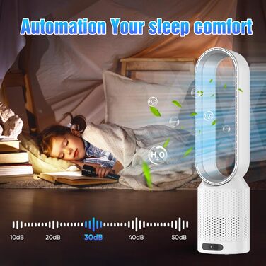 2-в-1 Вентилятор з очищувачем повітря безлопатий, з пультом, 8 швидкостей, осциляція 90°, таймер, для спальні/офісу (срібний)