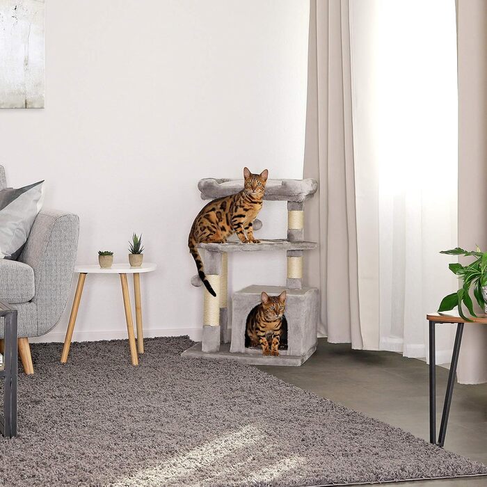 Котячий будиночок Lionto з лежанкою та печерею, 75 см, з сизалевого мотузка та плюшу, 2 м'ячики з дзвіночками, для кошенят та дорослих котів, сірий