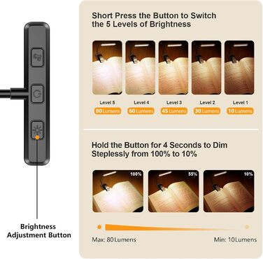 Ліхтарик для читання Gritin з USB зарядкою, 19 LED, 3 режими світла, чорний. Кліпса для книг, гнучка лампа для нічного читання