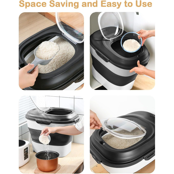 Контейнер для зберігання рису, складний, з колесами, герметичний, з мірним стаканчиком та лопаткою, для рису, кормів, борошна, темно-зелений/9-13,6 кг (чорний/9-22,7 кг)