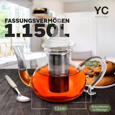 Teapot with infuser insert I 1.15 Liters I 3mm glass thickness I Glass teapot usable with trivet I Glass teapot I infuser insert made of rustproof 304 stainless steel I Teapot 