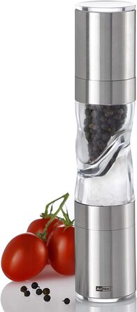 AdHoc DUOMILL PURE MP900 комбінована млинниця для солі та перцю, нержавіюча сталь та акрил, керамічні жорна, подвійна млинниця з ароматозахистом, подарункова упаковка, срібляста