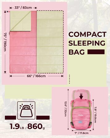 Ohuhu Lightweight Sleeping Bag - Compact & Ultralight (900g) Summer Sleeping Bag for Camping, Travel, Festivals (Pink)
