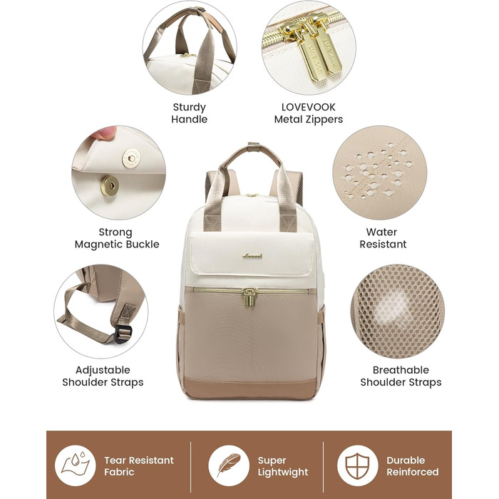 LOVEVOOK Рюкзак для жінок, 15.6 дюймів, рюкзак для школи, підліток, дівчина з відділенням для ноутбука, водонепроникний, міський, туристичний, щоденний, елегантний рюкзак для подорожей, школи, роботи (15.6 дюймів, Бежево-оливковий)