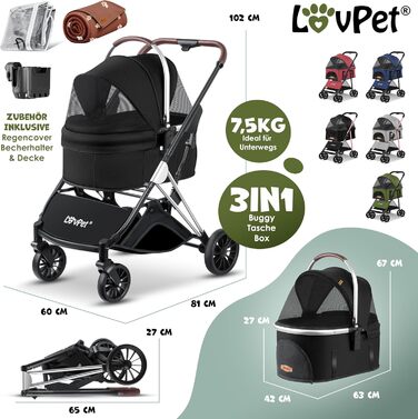 Візок для собак 3в1: візок-переноска, сумка-переноска, візок-коляска. Максимальне навантаження 20 кг. Складаний, з великими колесами, сітковими віконцями, дощовиком, тримачем для напоїв та м'якою ковдрою. Підходить для собак та котів (чорний/срібний)