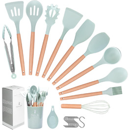 Набір кухонних аксесуарів Howephofly, 23 шт., силікон, антипригарне покриття, стійкий до нагріву, з тримачем та гачками для кухонних рушників (світло-зелений)