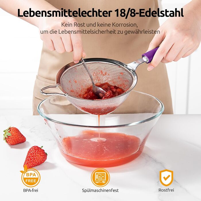 U-Taste кухонне сито з нержавіючої сталі 18/8, середній розмір, металеве дрібнопористе ситечко з міцною заклепкою і силіконовою ручкою для просіювання борошна, чаю, рису, кіноа, фіолетове, 12 см