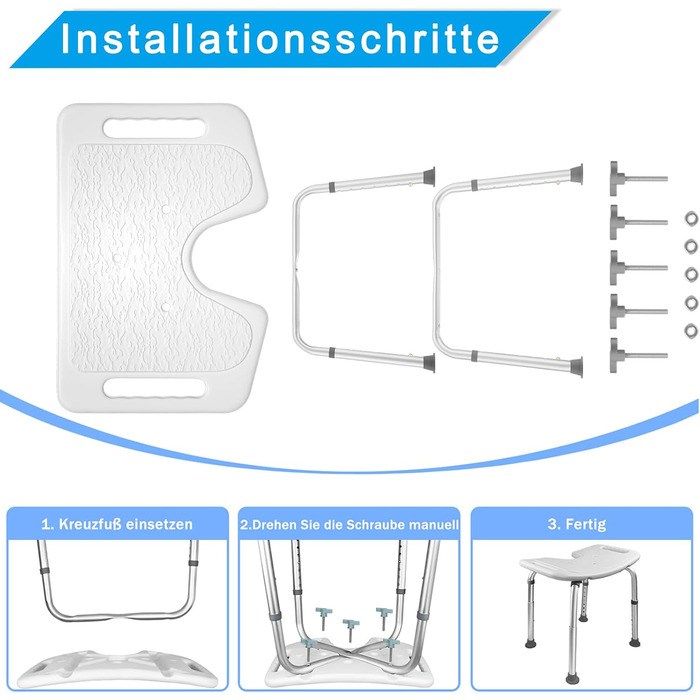 AUFUN Shower Stool, Adjustable Height 35-51cm, U-Shaped Shower Stool, Anti-Slip Bath Seat, Shower Aid, Shower Seat Made of Aluminum and Plastic for Elderly, Pregnant Women (U-Shaped Shower Stool)