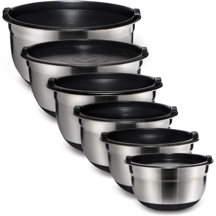 Набір мисок для змішування Cook With Color, 6 шт., нержавіюча сталь, чорний колір, з кришками та неслизьким дном