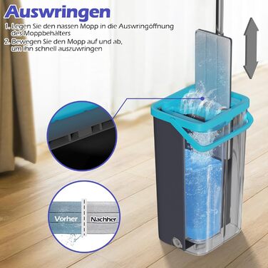 Набір для миття підлоги з відром, 2 в 1: моп з відром та функцією віджиму, з регульованою ручкою з нержавіючої сталі та 6 мікрофібровими насадками, підходить для плитки та ламінату (сірий + зелений)