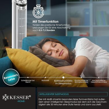 Турбо вентилятор KESSER® з пультом керування | 90° кут осциляції | 3 швидкості | 90 см | Таймер | Turbo функція | Стовпчастий вентилятор | Сріблястий колір