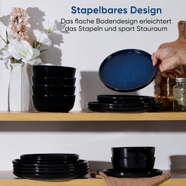 Набір посуду HaWare на 6 осіб, 18 предметів: тарілки з реактивної глазурі, комплект посуду для сервірування столу (Edelblau)