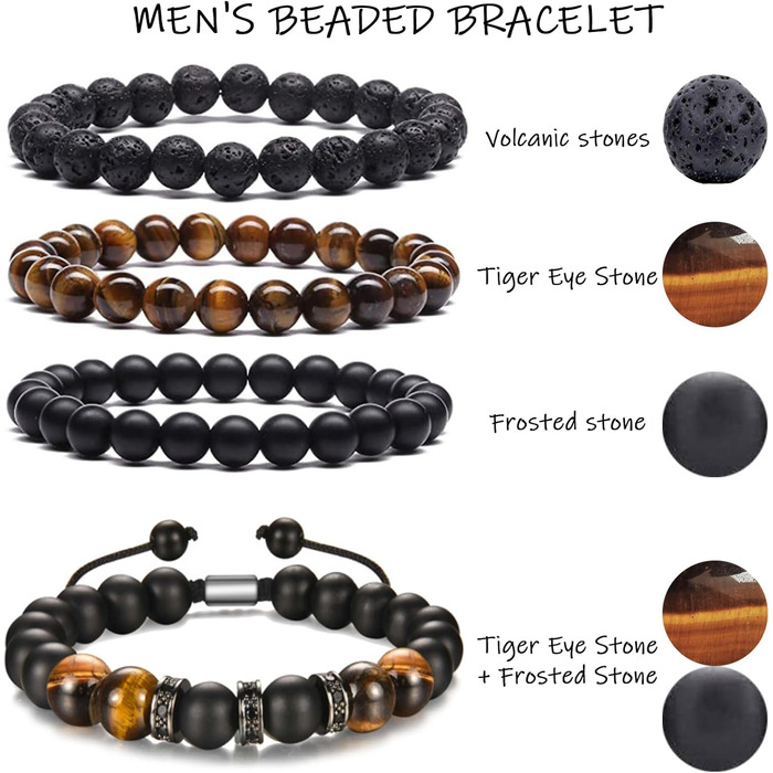 Чоловічий браслет з кульок, набір 4 шт., 6/8 мм, браслет з обсидіану, подарунок для батька, друга, брата, ручної роботи