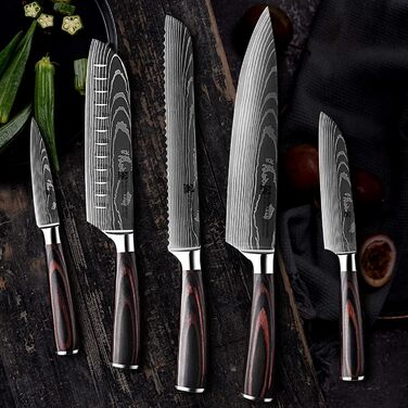 Набір професійних кухонних ножів | Шеф-ніж, Сантоку, хлібний ніж та інші | Нержавіюча сталь з лазерним візерунком, ручки з пакавуду | Подарунковий набір