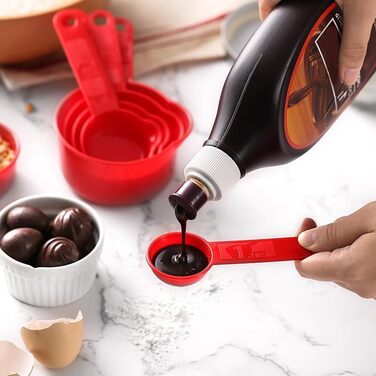 Measuring cup and spoon set, 11-piece plastic measuring cup and spoon set for dry and liquid ingredients, 5 measuring cups and 6 measuring spoon set for children for cooking and baking, color: red