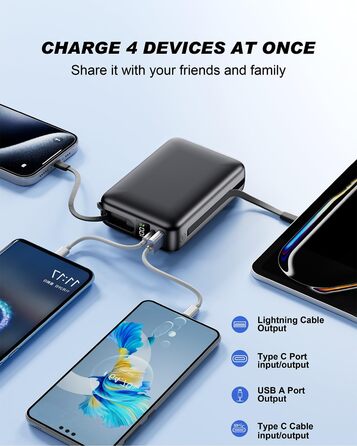 Power Bank 26800mAh: Портативний акумулятор з двома портами та кабелями, сумісний з iPhone та Android