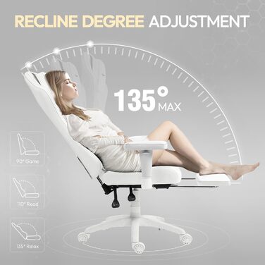 Ігровий крісло Dowinx з масажем та підігрівом, дихаюча спинка, регульована підставка для ніг, підтримка спини та шиї (Білий)