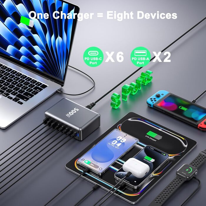 Зарядний пристрій USB-C 500W, 8 портів, GaN PD PPS, для MacBook Pro/Air, iPad, iPhone 15/16, Galaxy S23 - чорний