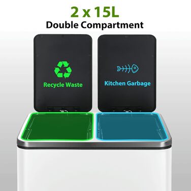 Відро для сміття LIFERUN з двома відсіками, 2 x 15 літрів, з металу, з м'яким закриттям кришки, знімний внутрішній відро, ручки, педальний відро, для квартири, невеликої сім'ї (білий)