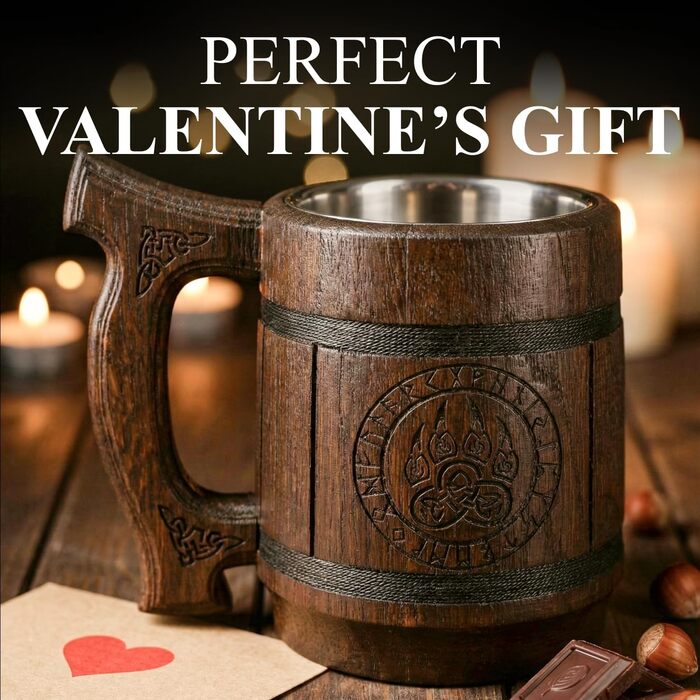 Діжка Wikinger 0.6 л з дуба - середньовічна діжка для пива, кружка, кубок з гравіюванням Молота Тора, рунами. Ідеальний подарунок для чоловіків, дерев'яний кубок з рунами, подарунок на День Святого Валентина