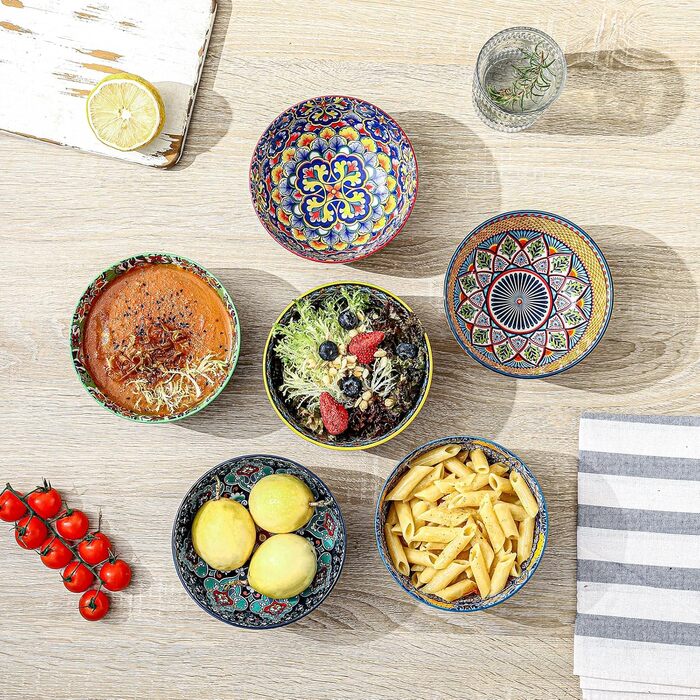 HENXFEN Набір з 6 порцелянових мисок для мюслі, супу, салату, 850 мл. Богемний квітковий дизайн, 6 кольорів