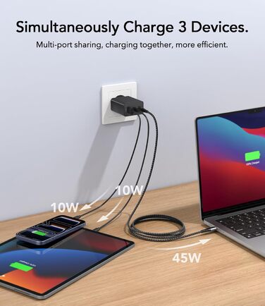 Зарядний пристрій USB C 65W 3-портовий, з кабелем 2м, для MacBook, iPhone, Switch, Galaxy, Tablet, Laptop, чорний
