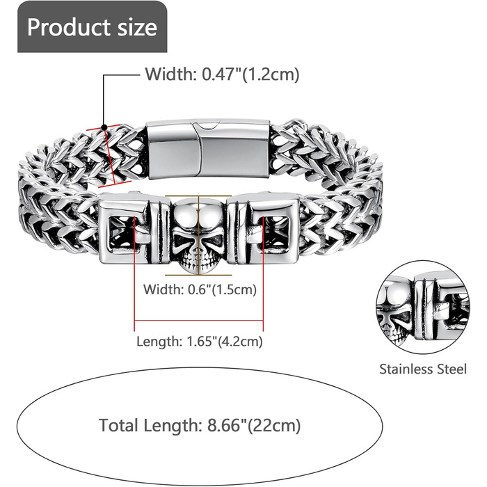 Чоловічий браслет-ланцюг JewelryWe в готичному стилі: срібний браслет з черепом для байкерів, сталевий ланцюг на руку