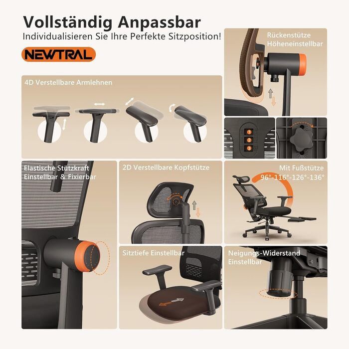 Офісне крісло Newtral MAGICH-BP з підніжкою: ергономічне, з підголівником та підлокітниками