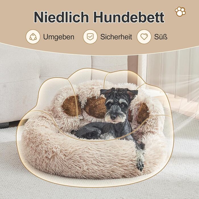 Jiupety Pet Round Dog Bed in Paw Shape, Soothing Donut Dog Bed, Faux Fur Cat Bed, medium size. The diameter is 56cm, comfortable and soft, machine washable (L 56 cm x W 56 cm x H 15 cm, Camel)