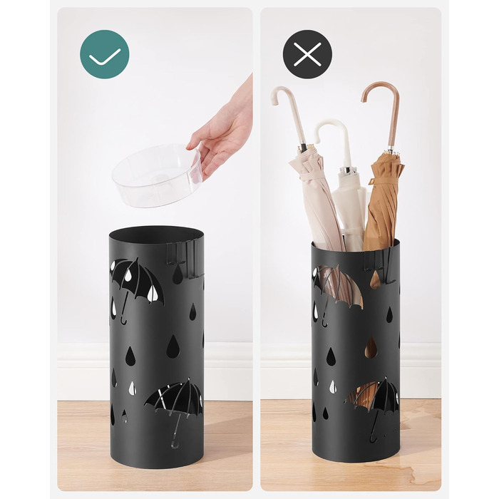 Стійка для парасоль під Songmics, металева, кругла, з 4 гачками, знімний піддон для води, 17 x 41 см, для входу, коридору, чорна