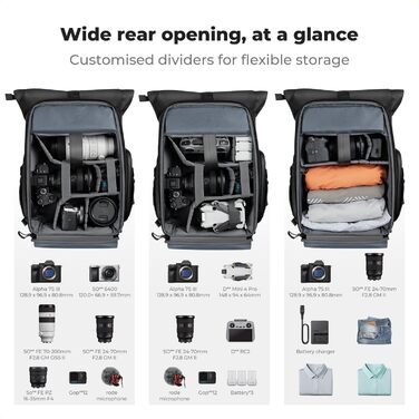 Рюкзак для камери K&F CONCEPT, водонепроникний, великий, з розширеним об'ємом, відділення для ноутбука 15.6 дюймів, для DSLR/SLR камер