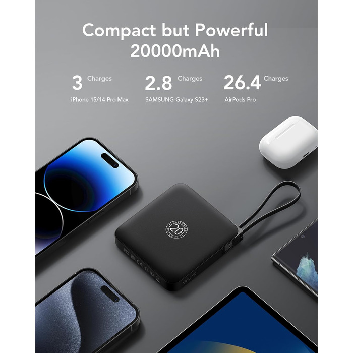 Power Bank VRURC з кабелем: швидка зарядка USB-C, павербанк