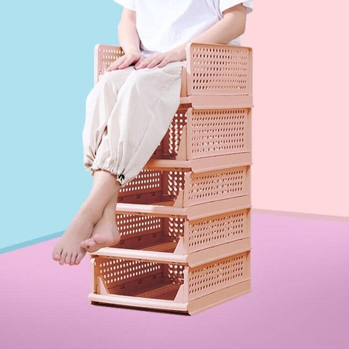 Ygapuzi 2 Pack Stackable Clothes Storage Baskets Organizer Sliding Cabinet Shelf Divider Separator Desktop Containers for Closet Wardrobe Kitchen Bathroom Office (White - 2Pack) (Pink - 4pack)