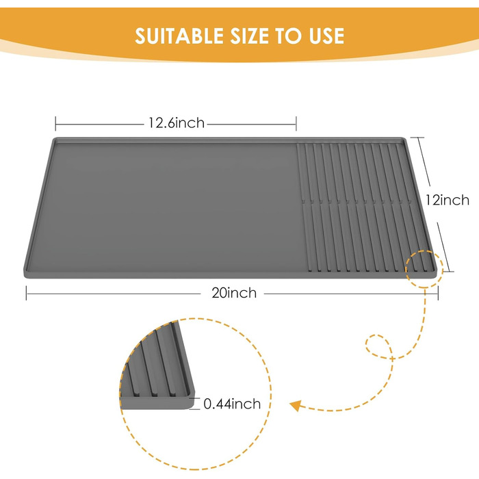 Силіконовий килимок під кавомашину з бортиками, 61 x 40,6 см, сірий. Захист для стільниці, аксесуар для кав'ярні, сушильна мат для посуду.