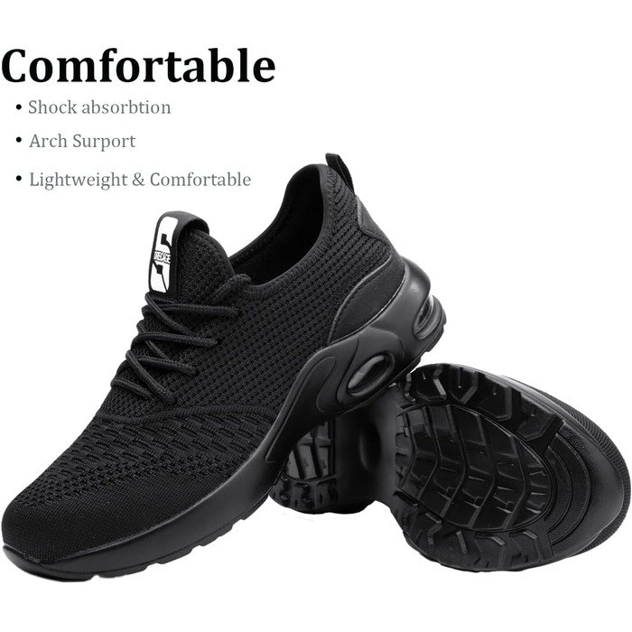 Чоловічі робочі черевики з металевим підноском, спортивні, дихаючі, чорні (44 EU)