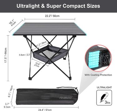 Складаний туристичний стіл Reakoo з алюмінієвою стільницею, легкий та компактний. Ідеальний для кемпінгу, пляжу, пікніків та фестивалів (середній)