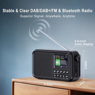 Портативне DAB/DAB+ радіо з Bluetooth 5.0, FM, акумулятором 3000mAh, дисплеєм 2.4