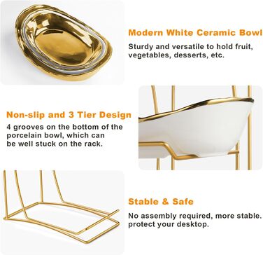 Керамічна фруктова ваза на стільницю, 3-ярусна, з металевим каркасом, золота