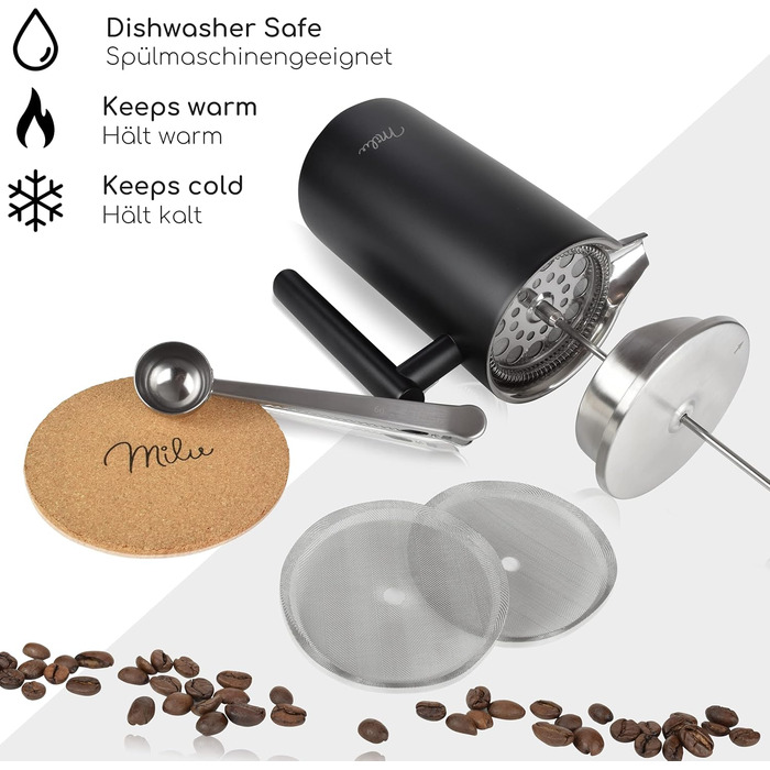 Milu French Press Coffee Maker | 350ml, 600ml, 1L | Stainless Steel Coffee Press, Coffee Maker for Home, Travel, Camping including Coaster, Spoon, Replacement Filters (Black, 1000ml (5 Cups) Black 1000ml (5 Cups)
