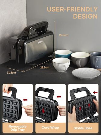 Sandwichmaker 1200W 3-в-1: сендвічниця, вафельниця, контактний гриль з регулюванням температури та антипригарним покриттям | LED-дисплей, нержавіюча сталь/чорний