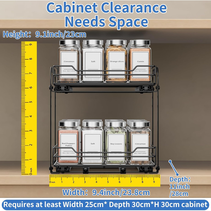 Висувна полиця для спецій у шафу, 2 яруси, регульована висота, чорний колір, органайзер для спецій, органайзер для кухні, розмір 23.8x26.4x23 см