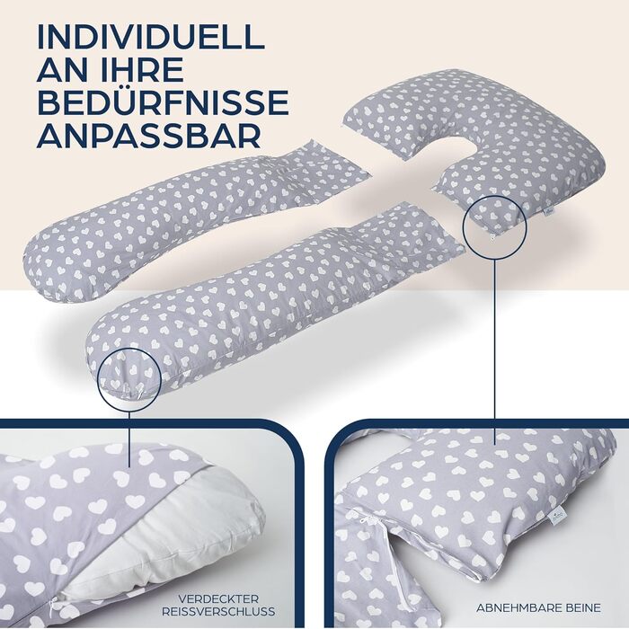 Niimo 4-in-1 U-Shaped Pillow - Breastfeeding Pillow, Pregnancy Pillow, Comfort Pillow & Side Sleeper Pillow with 100% Cotton Cover, Washable (Gray with white hearts)