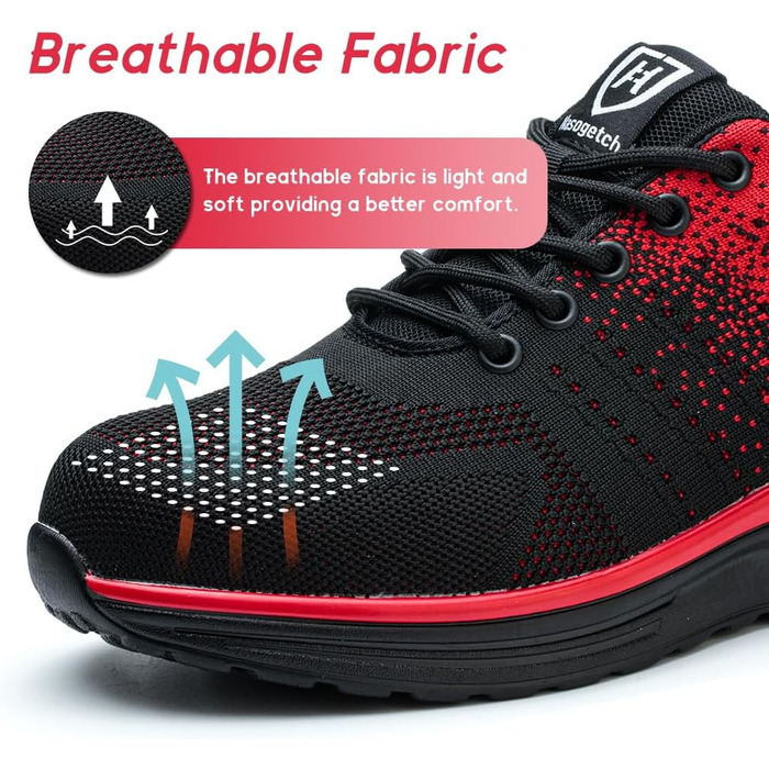 Легкі робочі черевики для чоловіків та жінок. Безпечні, антиковзкі, спортивного стилю, зі сталевим підноском. Дихаючі робочі черевики (40 EU, Червоний)