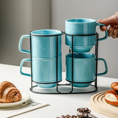 Набір кавових чашок з підставкою: керамічні чашки для лате/капучино, 370 мл, 4 шт. (Турквіс/Ausflug)
