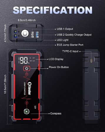 Бустер для автомобіля (Jump Starter) 8000mAh, портативний пусковий пристрій 12V для бензинових двигунів до 7.0L та дизельних до 5.0L, з ліхтариком та пусковими кабелями