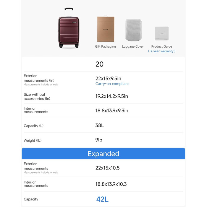 Чемодан-валіза LUGGEX на ручках, ручна поклажа з відділенням для ноутбука – Розширюваний жорсткий кейс з полікарбонату з TSA-замком (56×38×24 см) (Червоний)